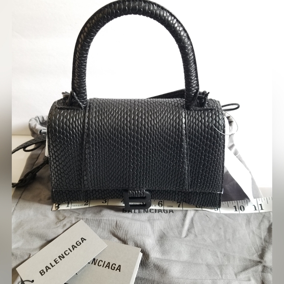 Balenciaga Small Hourglass Viper-Embossed Leather Top Handle Crossbody Bag Black - Picture 14 of 14
